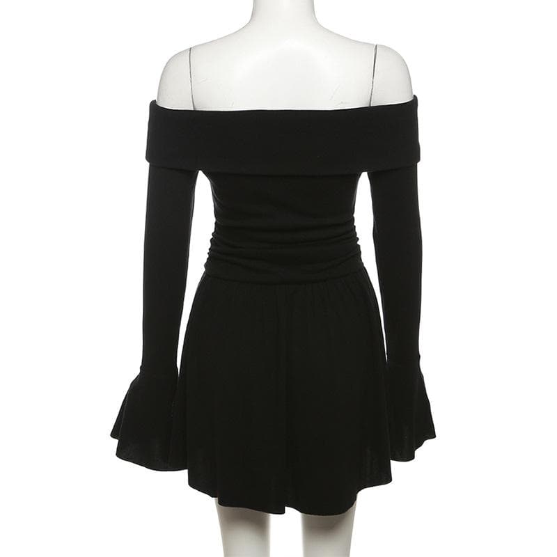Flower Applique Off Shoulder Long Sleeve Fit and Flare Mini Dress - View 4