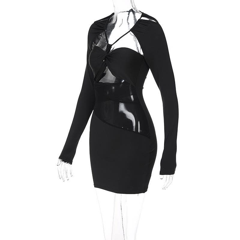 Halter Neck Long Sleeve Mesh Cut Out Twist Bodycon Mini Dress - View 3