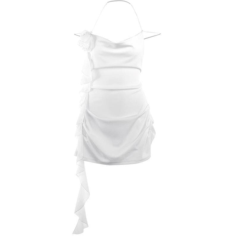 Cowl Neck Halter Flower Applique Ruffle Bodycon Mini Dress - View 2