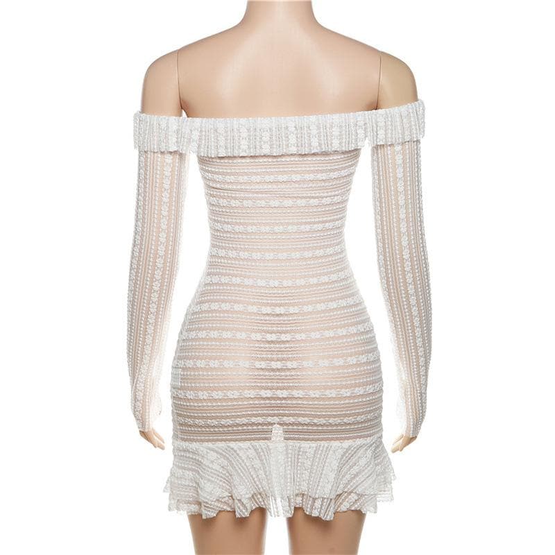 Lace see through off shoulder ruffle long sleeve solid mini dress - View 4