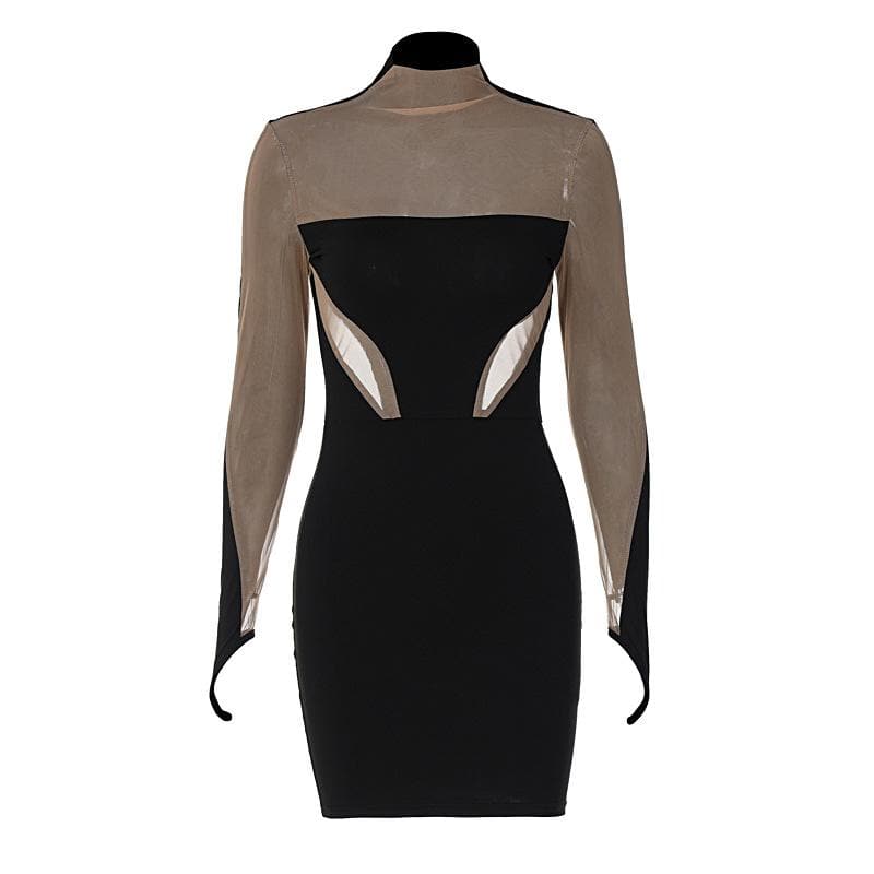 Mesh patchwork contrast gloves high neck mini dress - View 2
