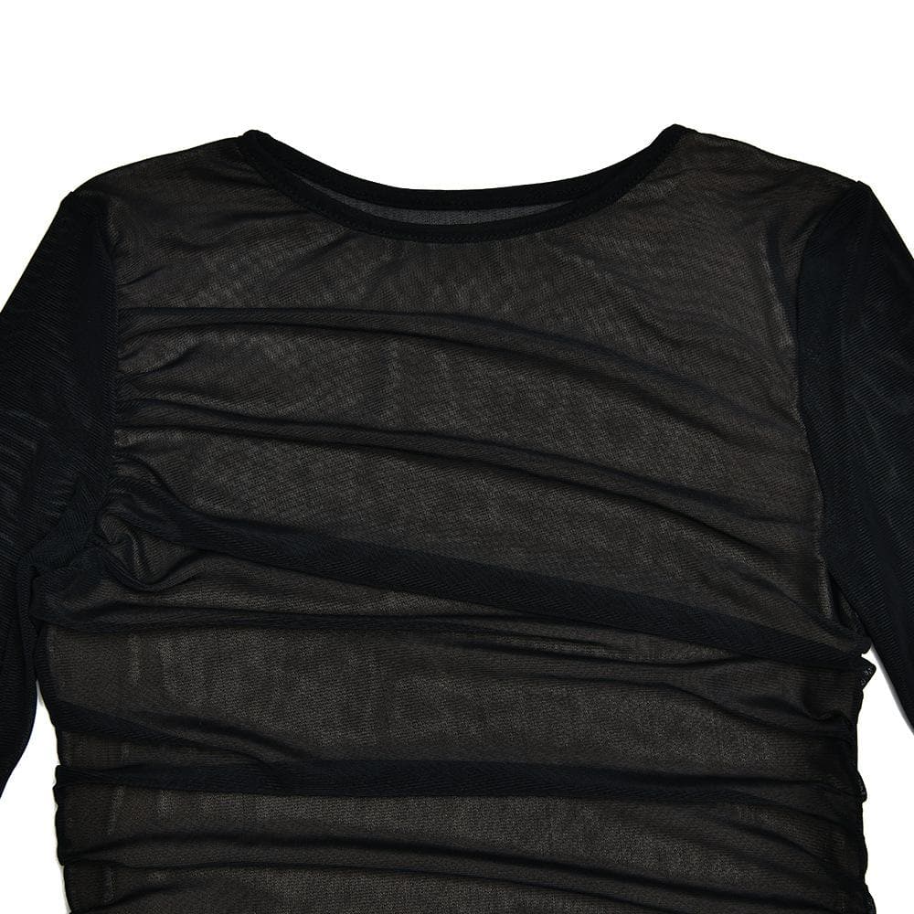 Mesh long sleeve solid ruched crewneck mini dress - View 8