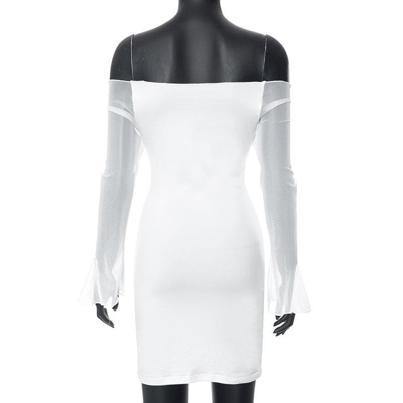 Mesh solid off shoulder long sleeve self tie mini dress - View 4