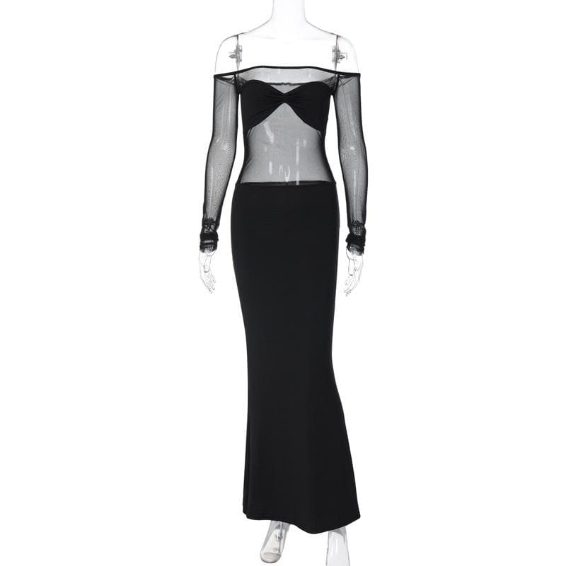 Ruched mesh patchwork off shoulder long sleeve slit maxi dress - View 2