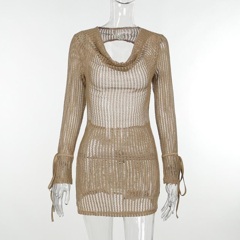 Crochet see through cowl neck long sleeve hollow out mini dress - View 2