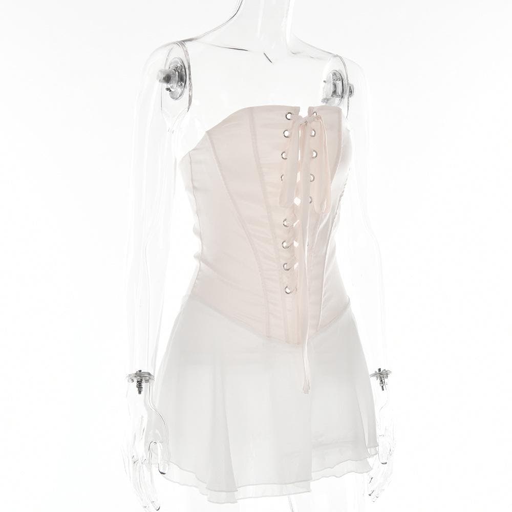 Contrast lace up zip-up ruffle backless tube mini dress - View 3