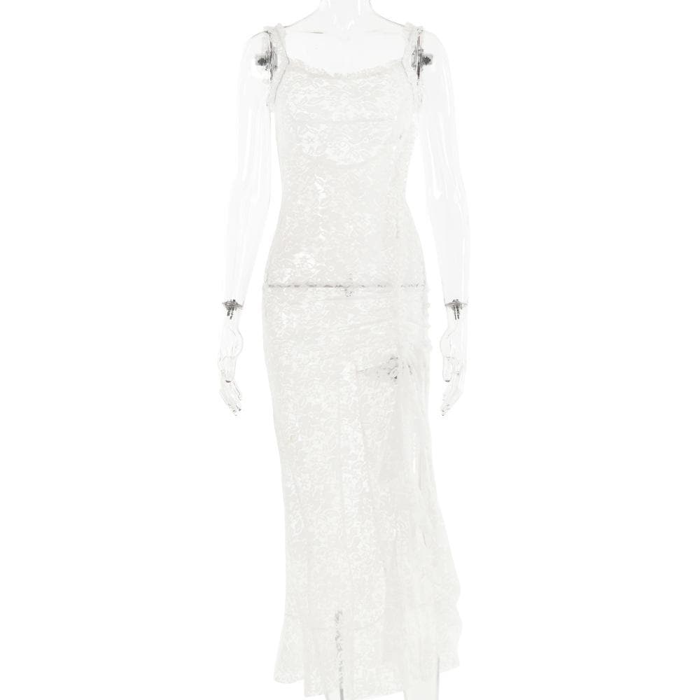 Lace see through self tie solid backless slit maxi dress - View 5