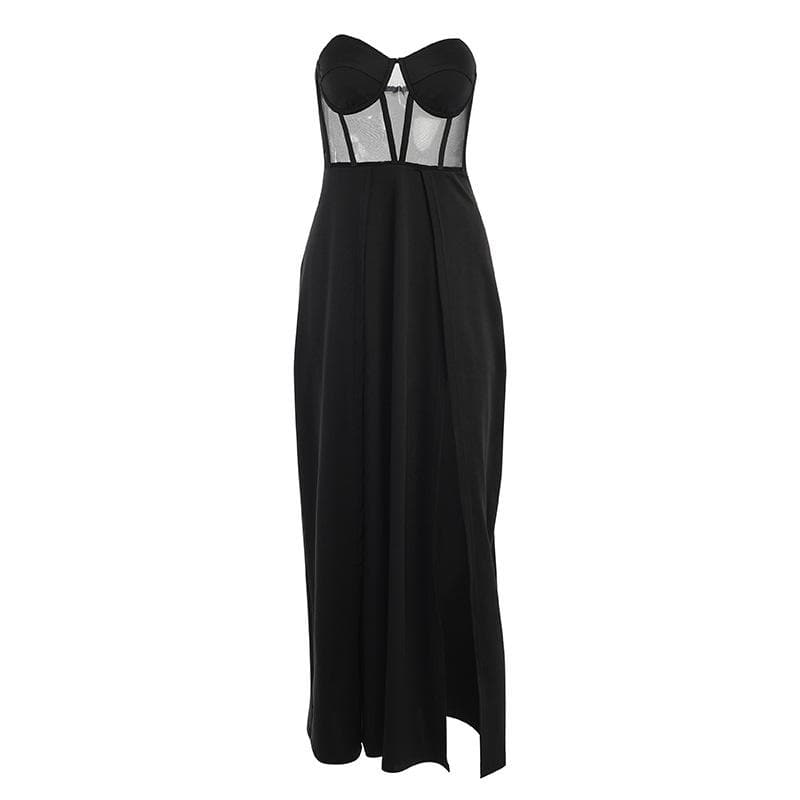 Mesh heart neck high slit pleated tube maxi dress - View 8