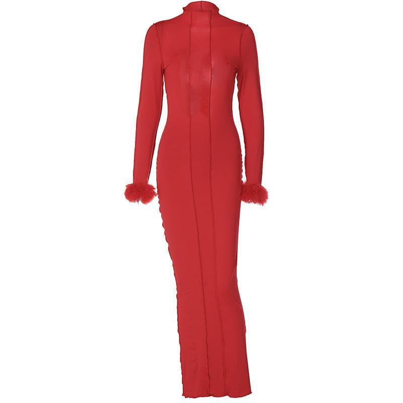 Long sleeve solid feather ruffle high neck backless midi dress - View 2