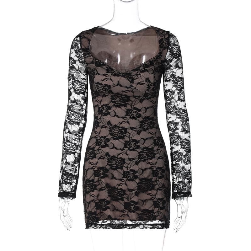 Long sleeve v neck lace contrast patchwork mini dress - View 8