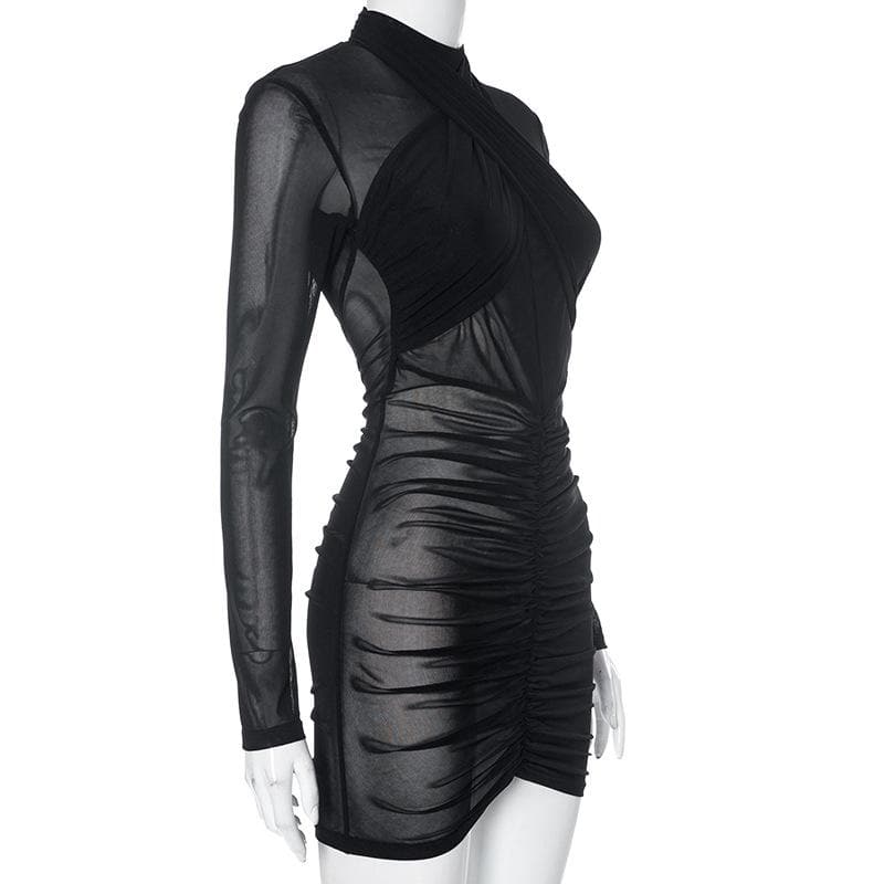 Ruched long sleeve cross front sheer mesh see through mini dress - View 3