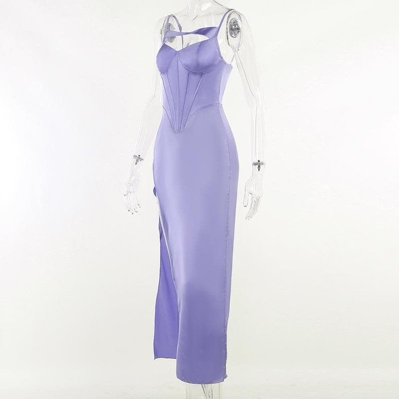 Satin Spaghetti Strap Corset Cut Out High Split Maxi Dress - View 9