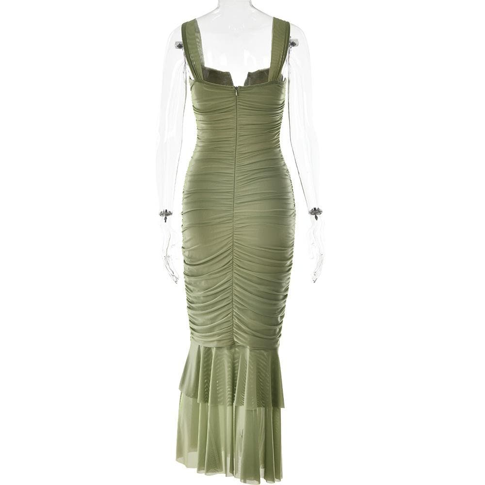 Solid ruched notch neck mesh zip-up ruffle maxi dress - View 8