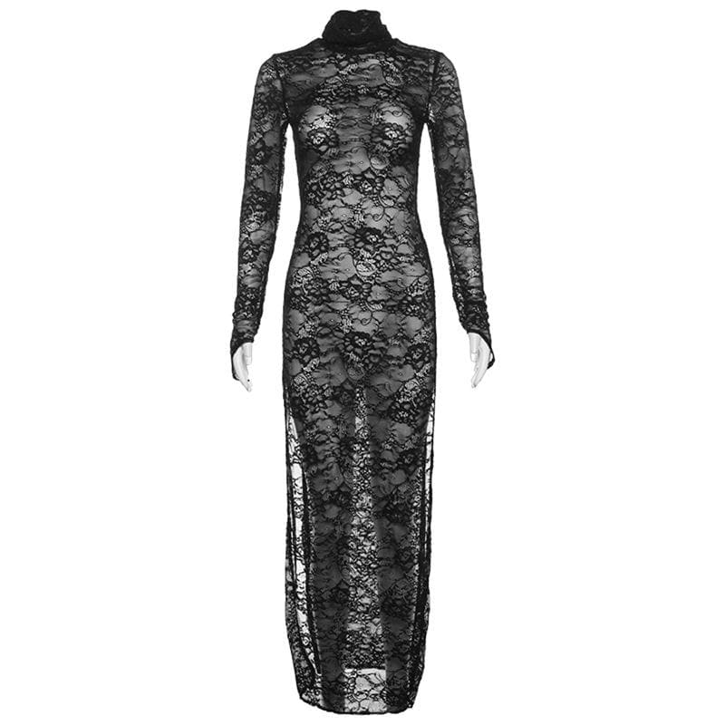 Lace long sleeve turtle neck see through slit gloves maxi dress - View 2