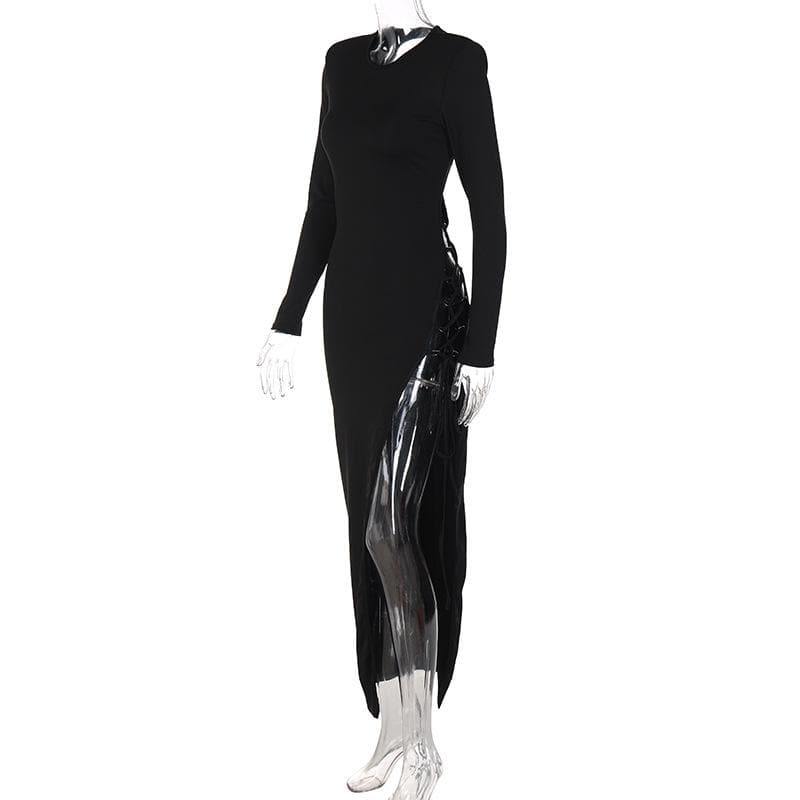 Lace up irregular long sleeve hollow out backless maxi dress - View 7