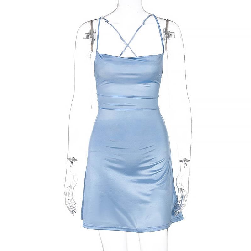 Cross back solid satin cowl neck lace up self tie backless mini dress - View 2