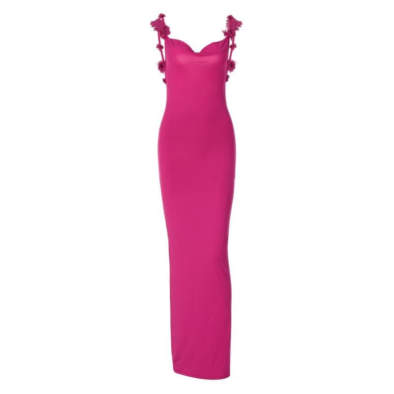 Flower applique cowl neck backless solid maxi dress - View 9