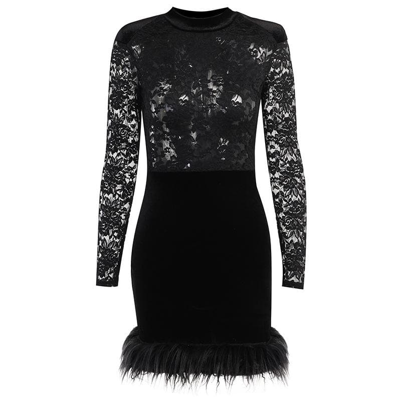 Lace solid see through long sleeve furry mini dress