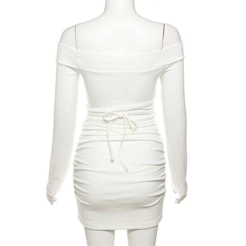 Lace up solid hollow out off shoulder long sleeve mini dress - View 5
