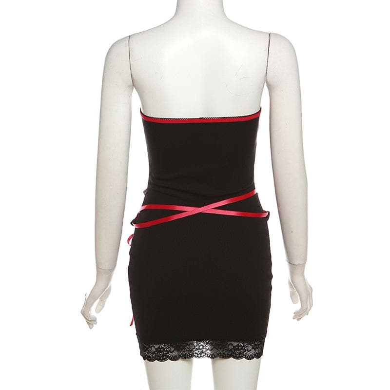Lace up contrast lace hem bowknot backless tube mini dress - View 3