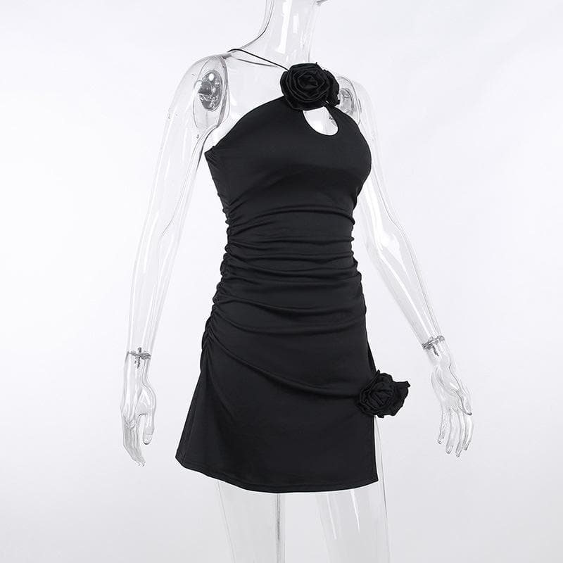 Rosette Appliqué Halter Cut Out Ruched Bodycon Mini Dress - View 4