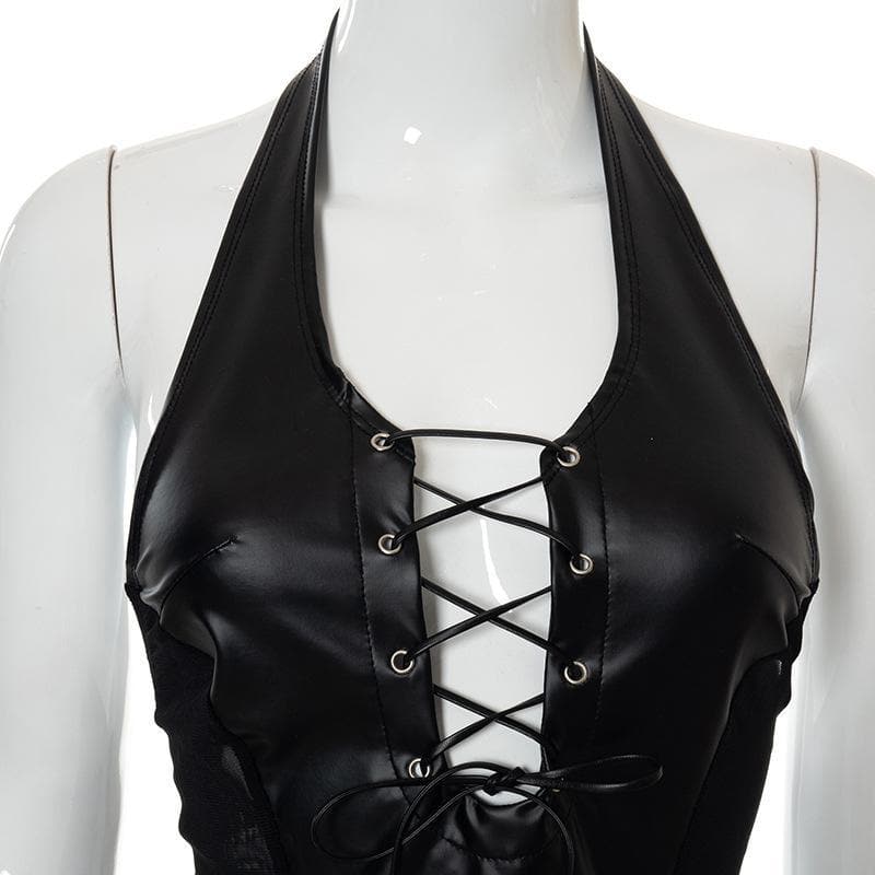 Lace up mesh PU leather patchwork halter dress - View 4
