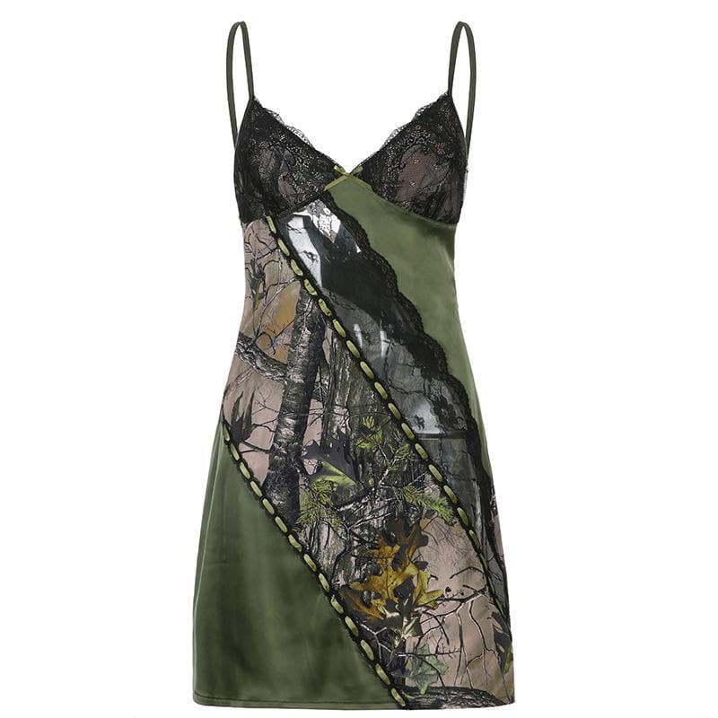 Lace Trim Forest Print Patchwork Spaghetti Strap Bodycon Mini Dress - View 2