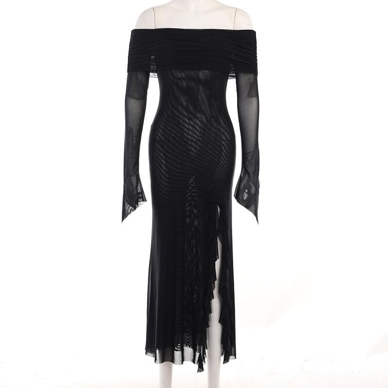 Off shoulder slit sheer mesh see through long sleeve maxi dress - View 3