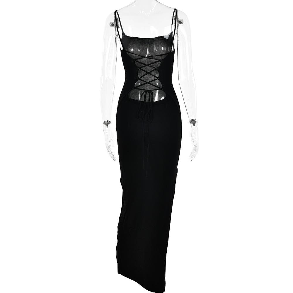 Lace up square neck slit solid backless cami maxi dress - View 4