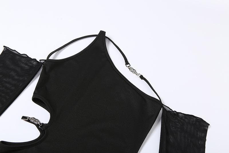 Long mesh sleeve off shoulder hollow out irregular dress - View 6
