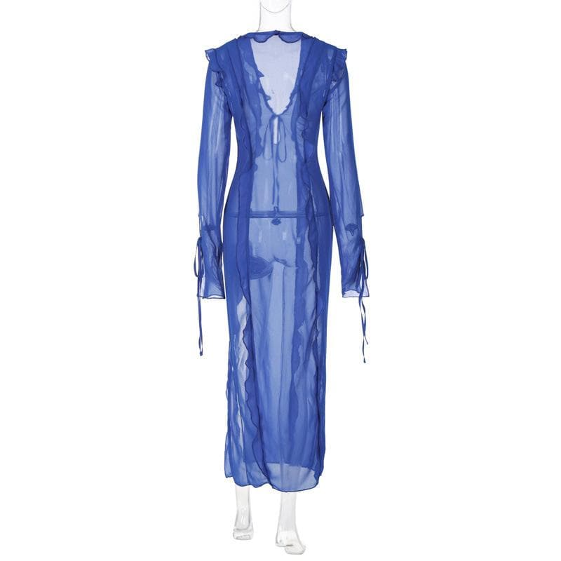 Slit chiffon see through long sleeve v neck self tie maxi dress - View 7