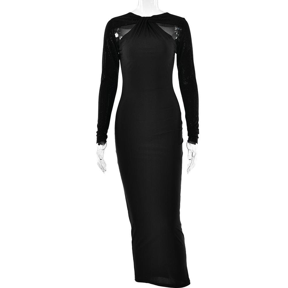 Long sleeve beaded zip-up hollow out patchwork maxi dress - View 4