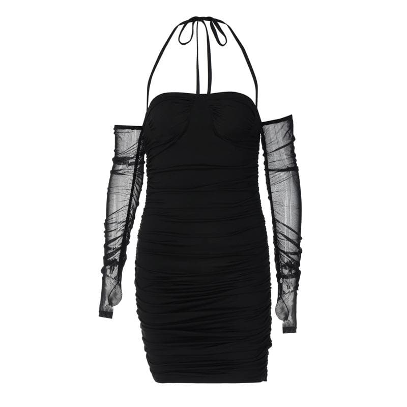 Mesh Glove Halter Neck Ruched Bodycon Mini Dress - View 2