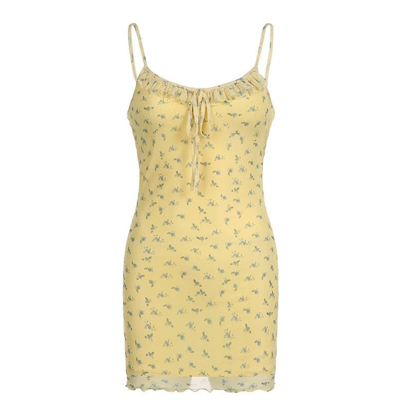 Mesh Floral Print Spaghetti Strap Ruffle Tie Front Bodycon Mini Dress - View 2