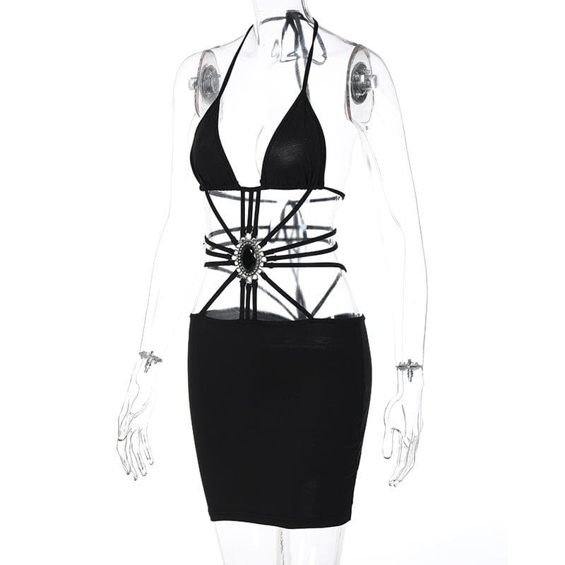 Halter Neck Strappy Cut Out Stone Applique Bodycon Mini Dress - View 3
