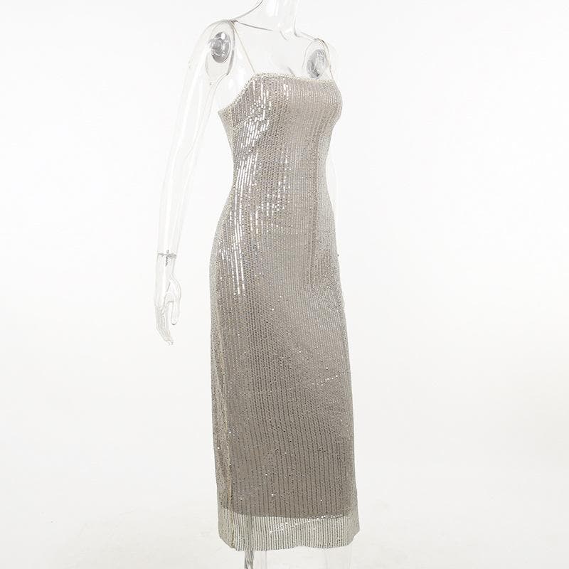 Glitter spaghetti strap zip-up slit backless midi dress - View 8