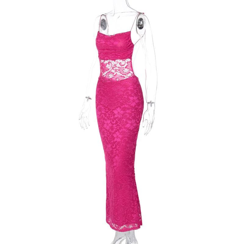Lace solid square neck ruched spaghetti strap backless maxi dress - View 3