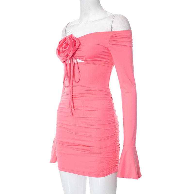 Flower Applique Off Shoulder Long Sleeve Cut Out Bodycon Mini Dress - View 3