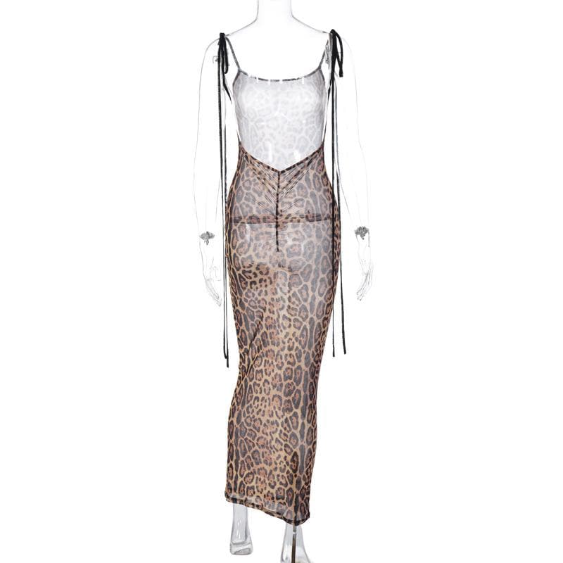 PRE ORDER - Mesh leopard print backless self tie ruched maxi dress - View 10