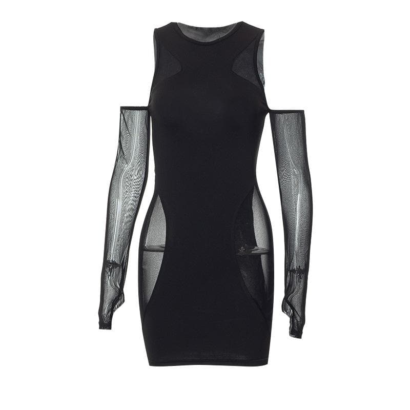 Mesh sleeveless solid gloves crewneck mini dress - View 2