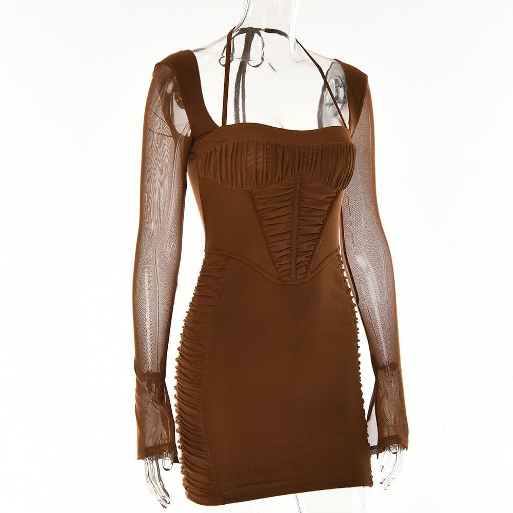 Mesh Long Sleeve Ruched Corset Bodycon Mini Dress - View 4