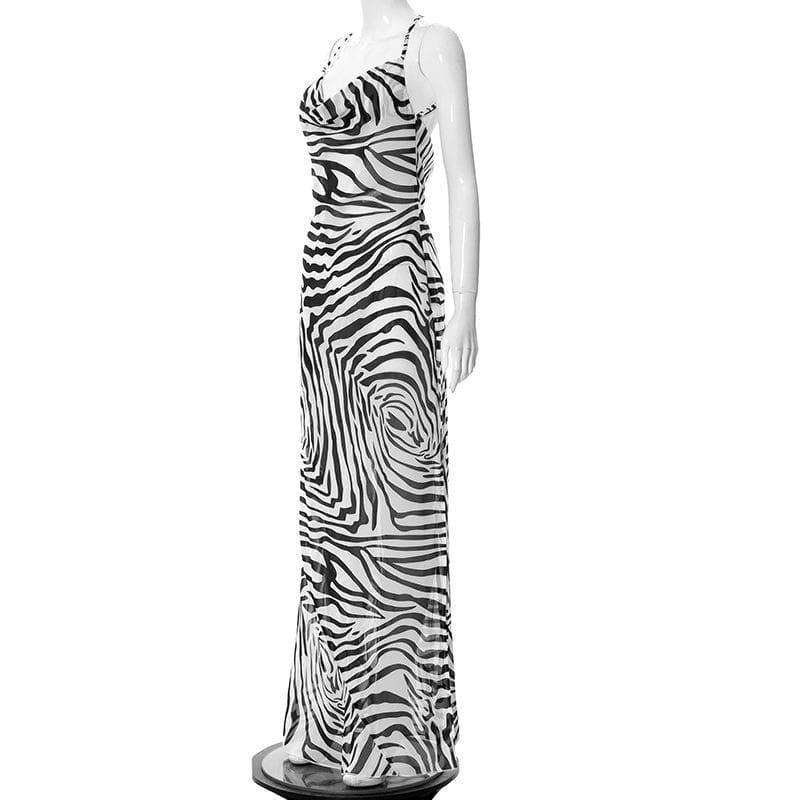 Cowl neck print cross open back maxi chiffon dress - View 3