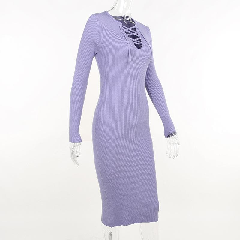 Lace up solid ribbed long sleeve notch neck mini dress - View 3