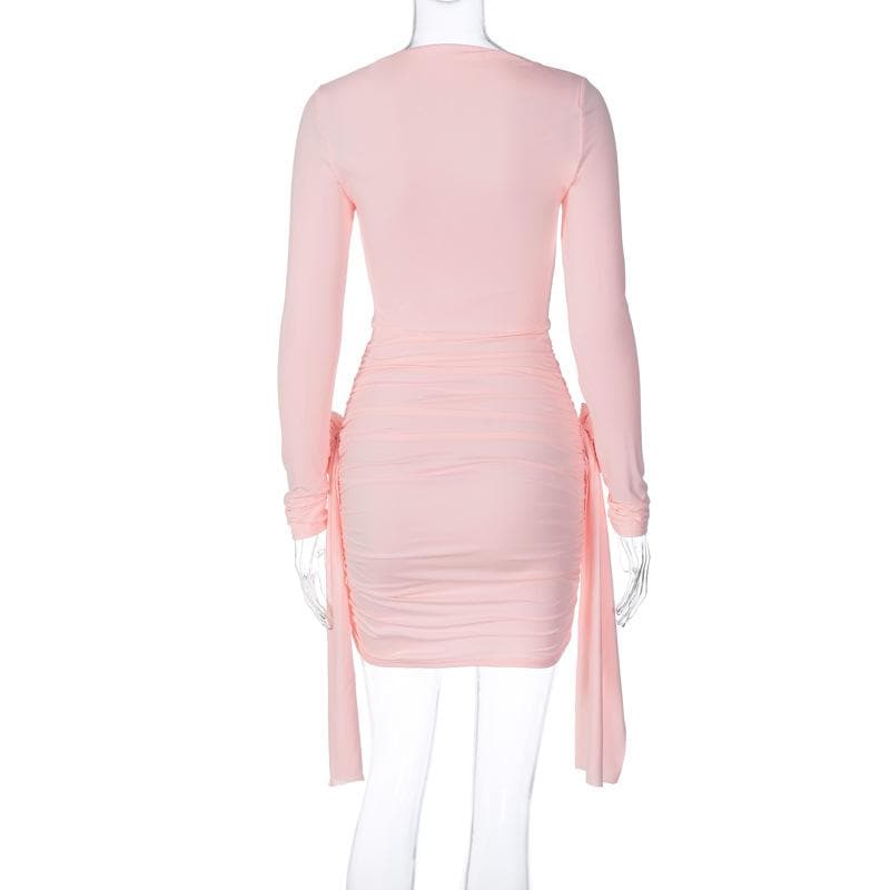 Boat Neck Long Sleeve Ruched Rosette Draped Bodycon Mini Dress - View 5