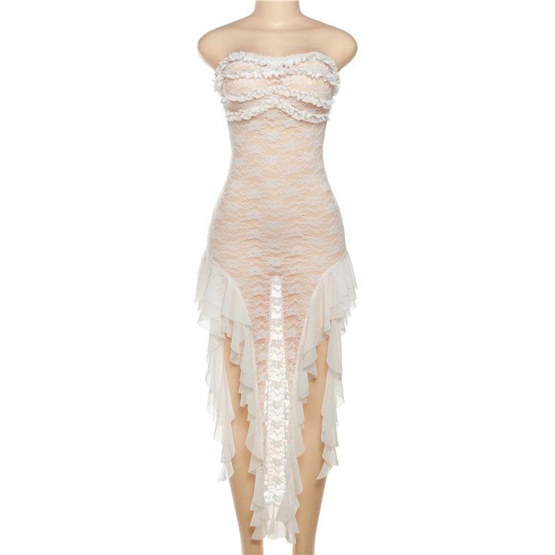 Lace see through ruffle backless slit tube midi dress - View 9