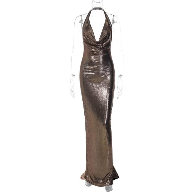 Metallic Cowl Neck Ruched Halter Backless Maxi Dress - View 4