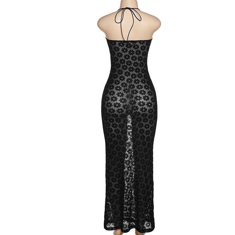 Floral Mesh Halter Neck O Ring Cut Out Bodycon Maxi Dress - View 6