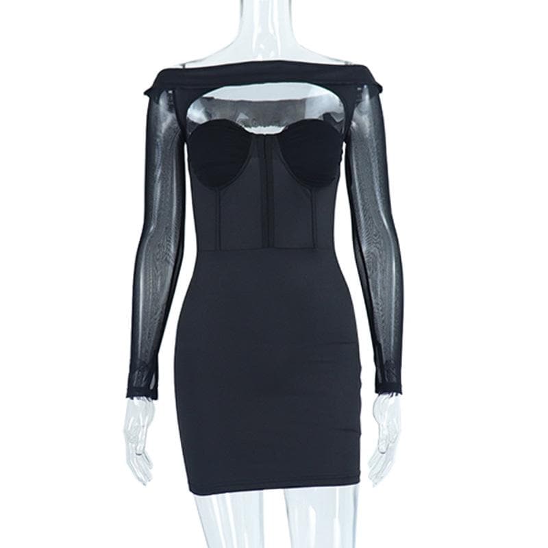 Off shoulder mesh solid hollow out long sleeve mini dress - View 2