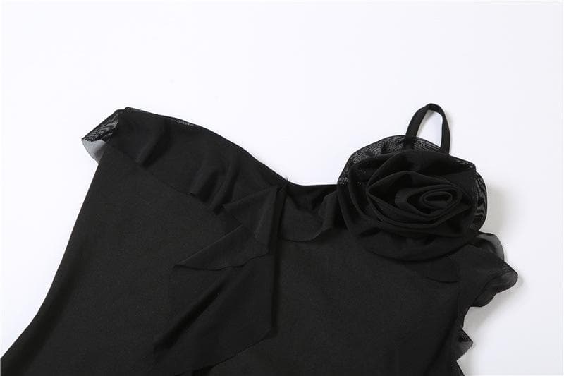 Flower Applique One Shoulder Ruffle High Low Mini Dress - View 6