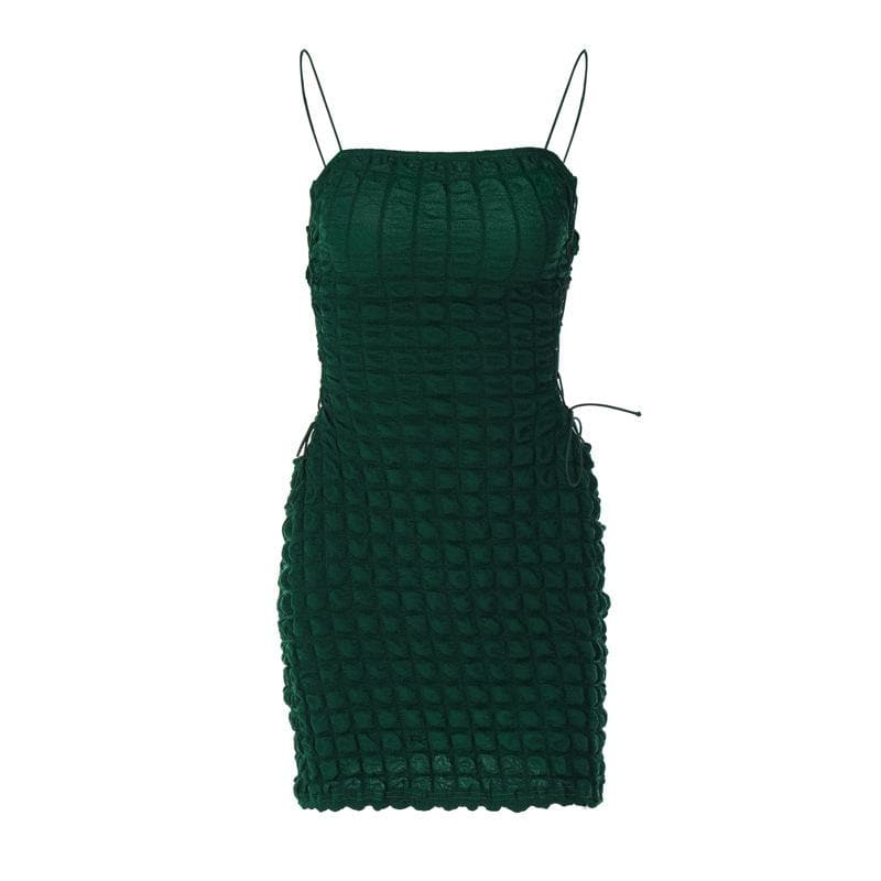 Waffle solid lace up spaghetti strap backless mini dress - View 9